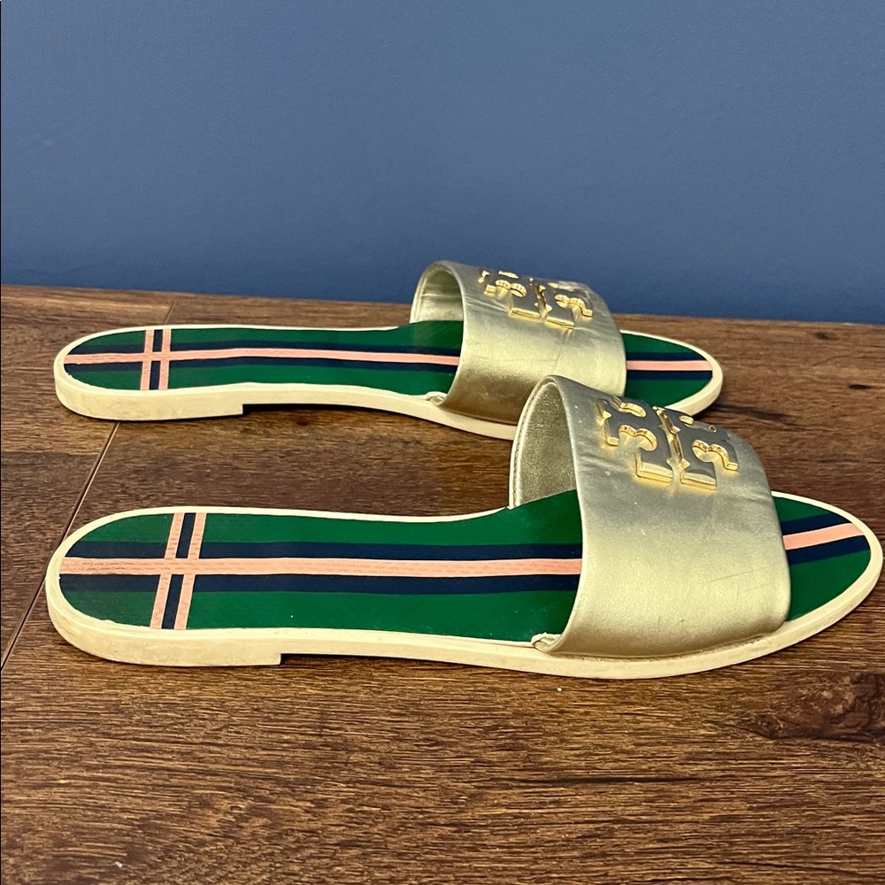 Tory Burch Green Gold Slide Sandals - Picture 3 of 5